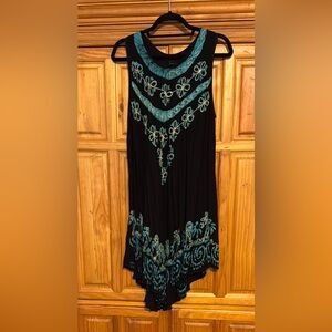 Sleeveless Beach Dress, with tie dye look detail, embroidered yellow thread.